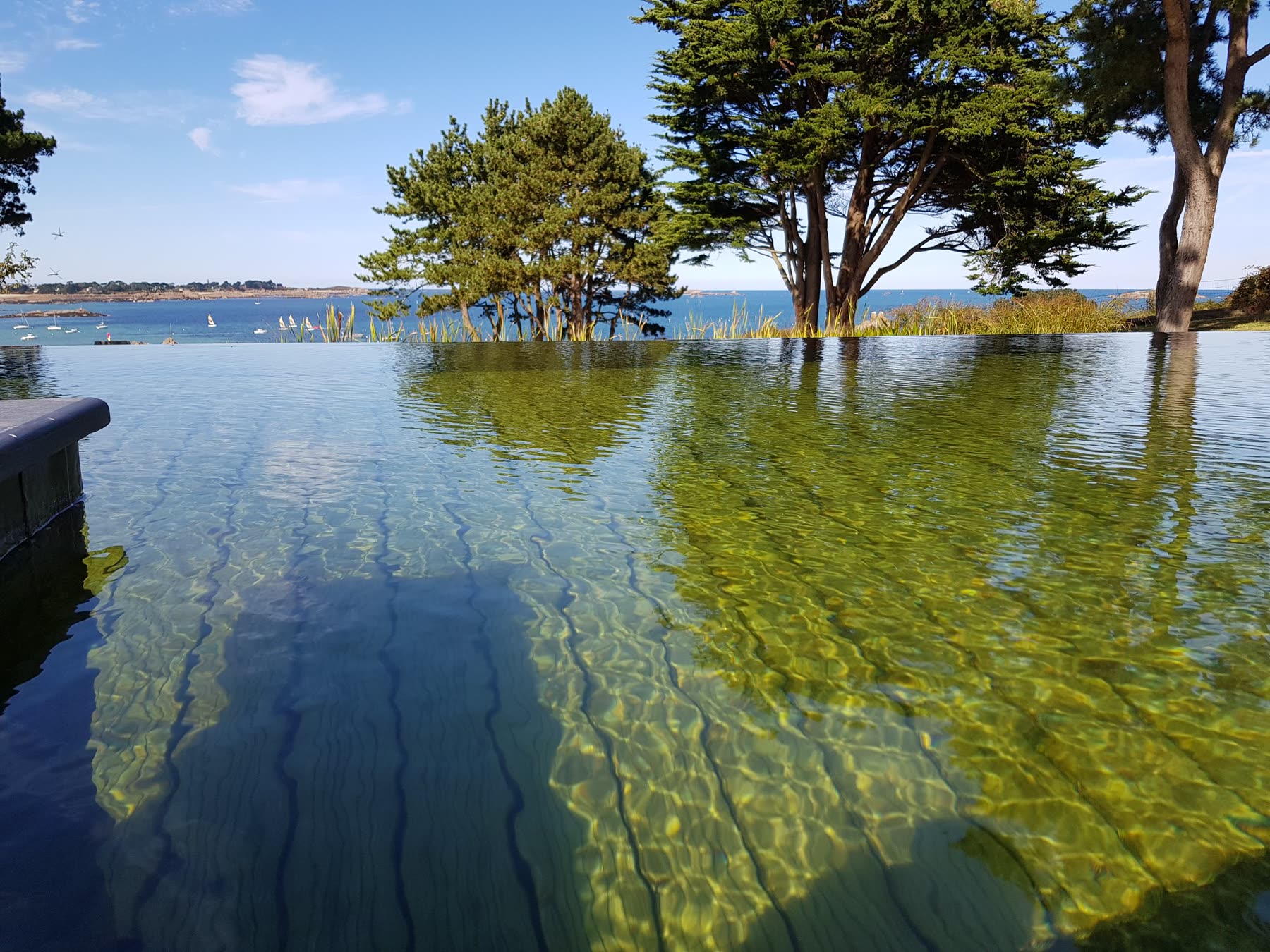 Baignade biologique à débordement face à la baie, voiliers et cyprès en fond — Carantec